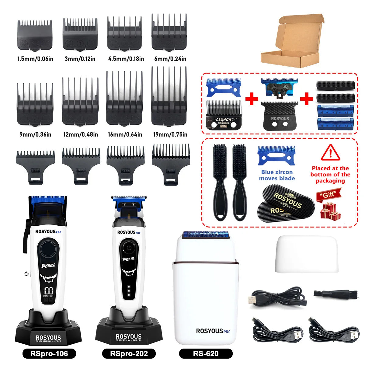 ROSYOUS Professional Brushless Hair Clipper – DLC Blade, LED Display, Base Charger, 240-Min Runtime