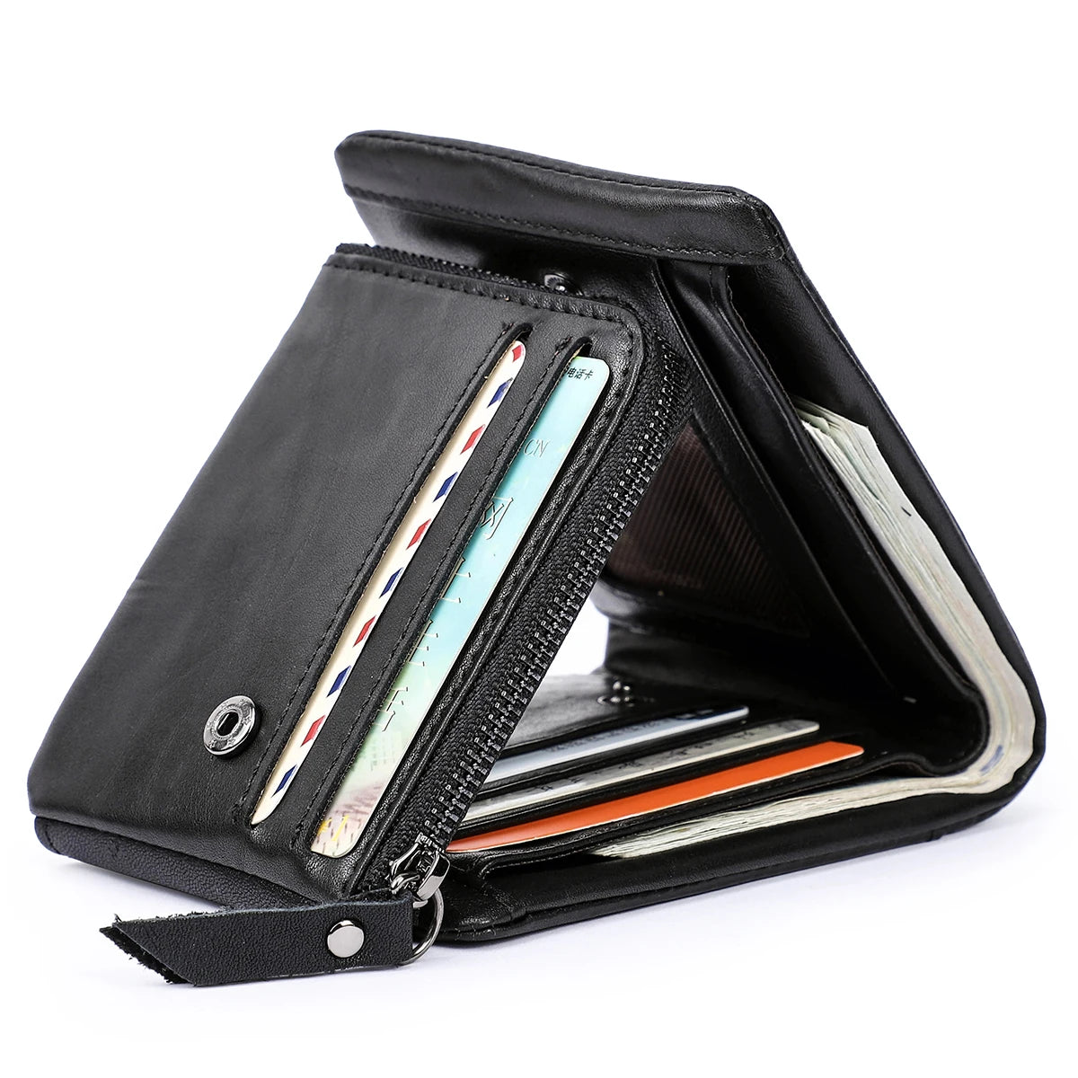Genuine Cowhide Leather Men's Trifold Wallet – Vintage Crazy Horse Leather Zip Coin Pocket Purse