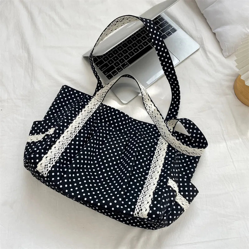 Korean Vintage Canvas Shoulder Bag – Cute Lace Large Capacity Tote & Underarm Handbag for Women