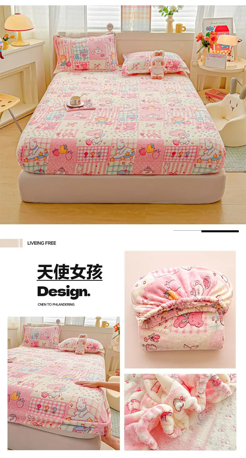 Flannel Fleece Fitted Bed Sheet – Warm Cartoon Purple, Elastic Single to King, Winter Bedsheet