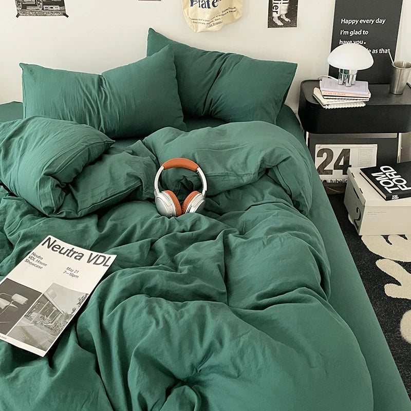 Washed Cotton Duvet Cover – Linen-Touch Soft Breathable Bedding, Zipper Closure, 4 Colors