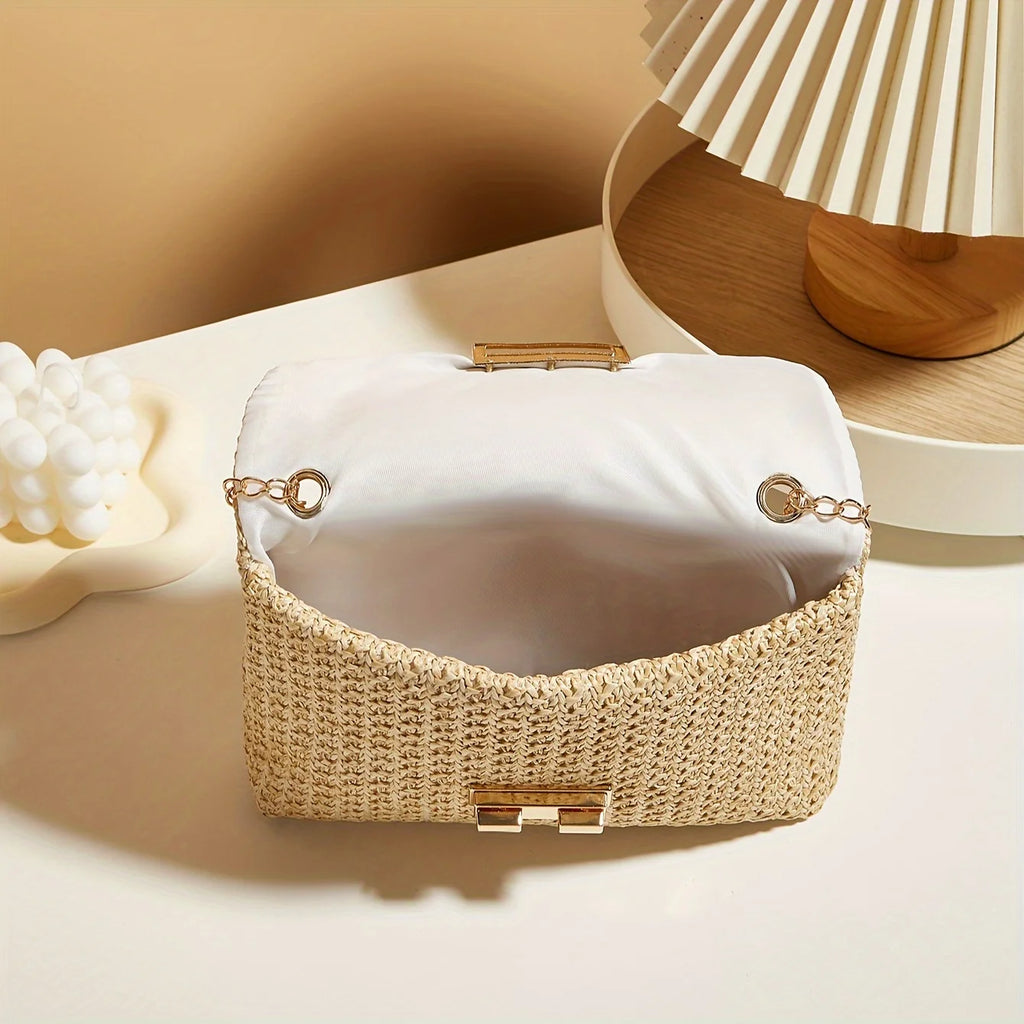 Woven Straw Shoulder Bag – Handwoven Crossbody Purse with Lock Closure for Women