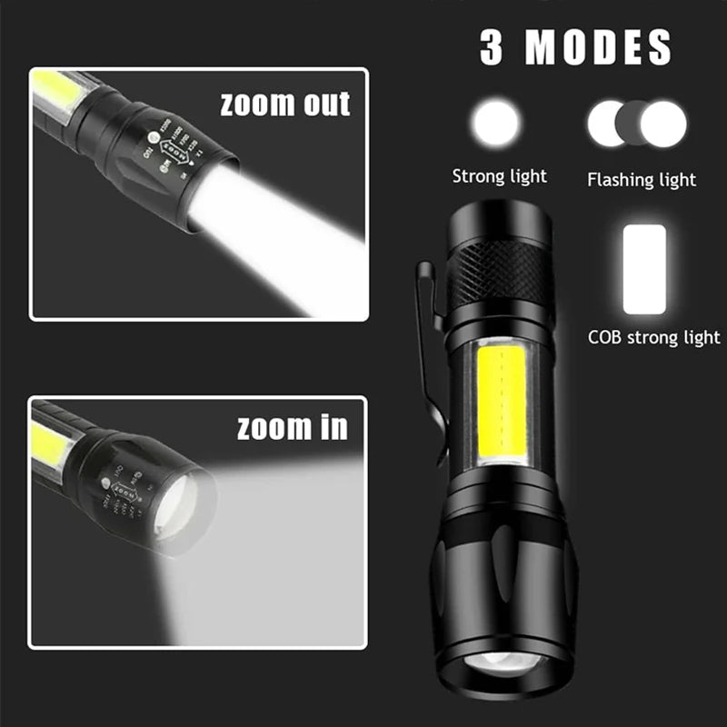 Mini COB+XPE LED Flashlight – USB Rechargeable, Zoomable, 3 Modes with Pocket Clip for Camping & EDC