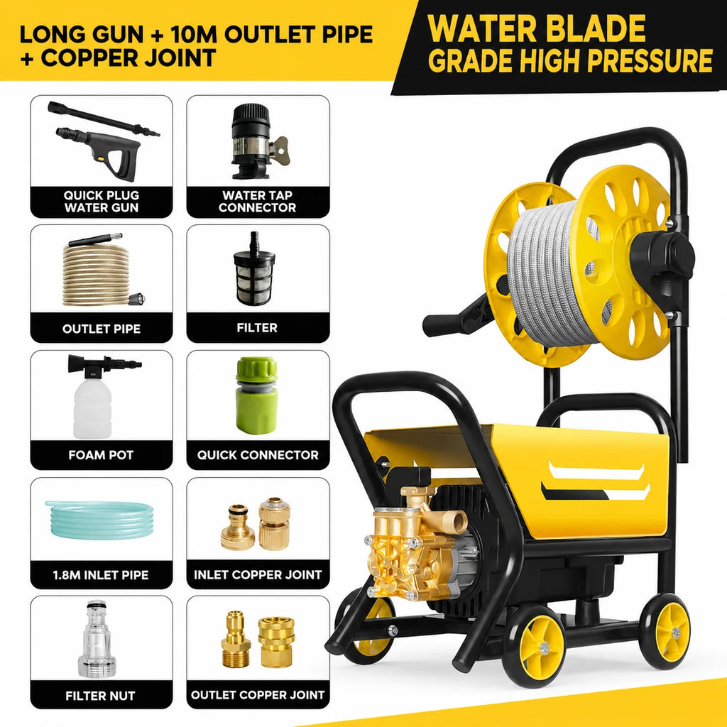 220V Household High Pressure Car Washer Portable Boost Water Gun with Roller Mobile Cleaning Machine for Car Yard Washing