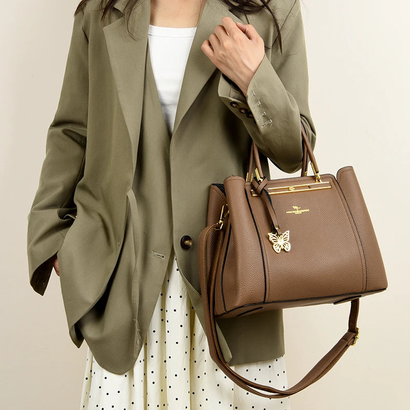 Luxury Genuine Leather 3-Layer Tote Bag – Large Capacity Crossbody Shoulder Bag for Women