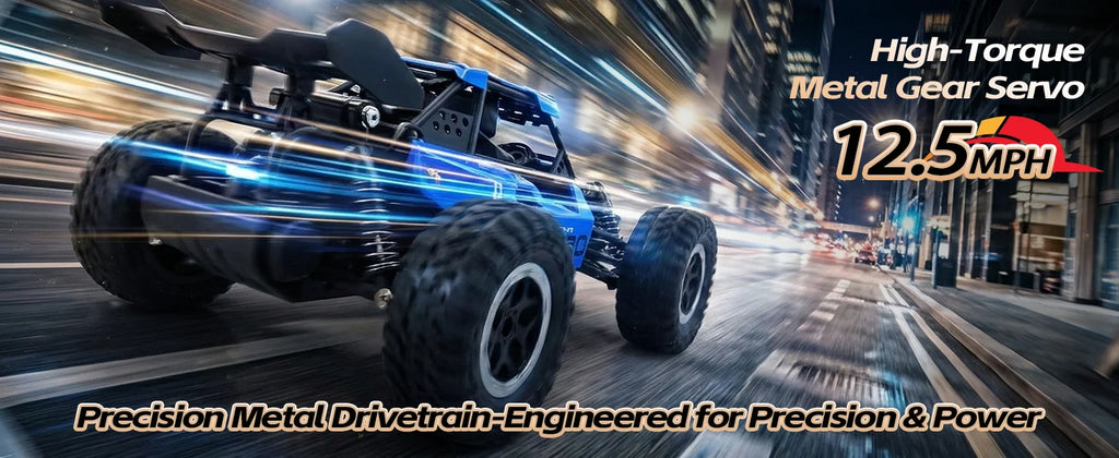 A high-speed promotional graphic for a 12.5 MPH RC off-road truck, showing a blue and black dune buggy in motion on a blurred city street at night.