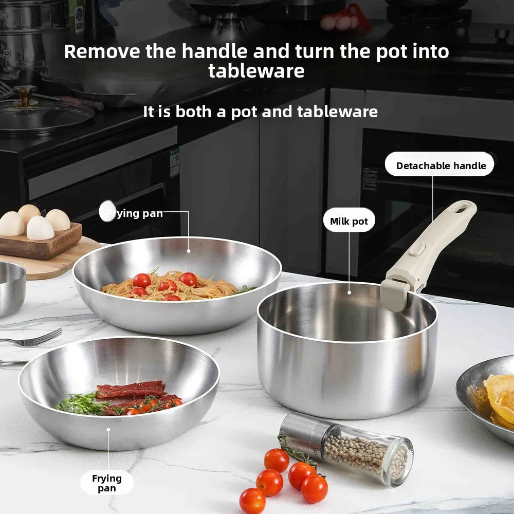 Pot and Cooking Set 316 Stainless Steel Household Full Set Six-Piece Pot Set, Detachable Handle, Uncoated Frying and Frying Wok