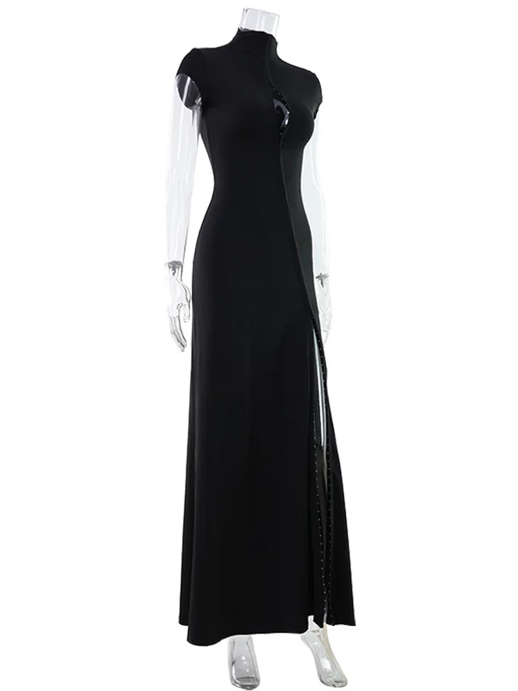 Metal Buckle Sheath Dress — Short Sleeve O-Neck Bodycon Evening Dress