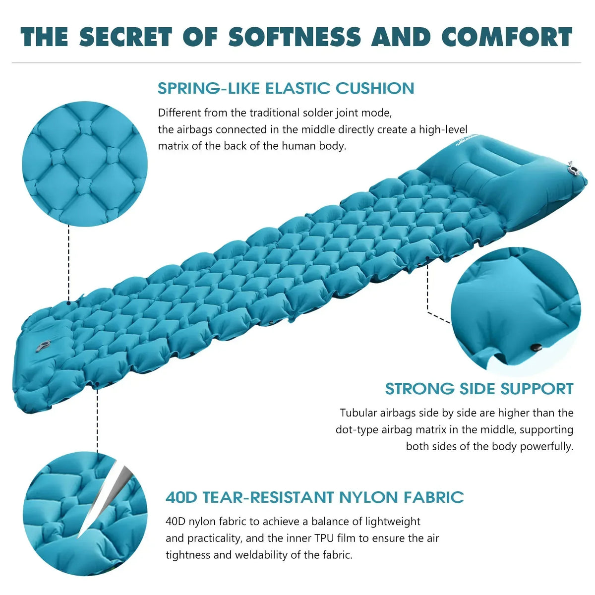 Camping Inflatable Sleeping Pad with Pillow – Ultralight Folding Air Cushion Mat for Hiking & Trekking