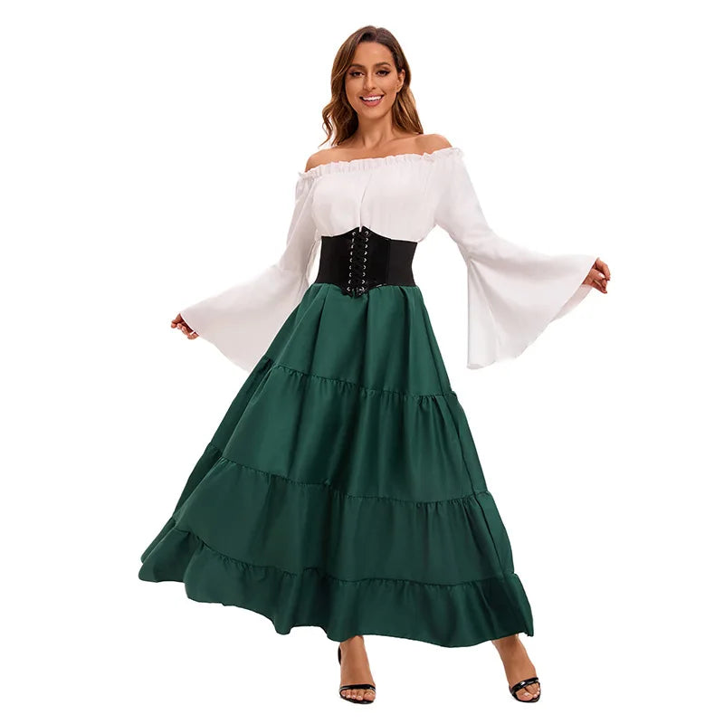 Medieval Renaissance Costume Dress — Off-Shoulder Victorian Queen Outfit with Waist Corset