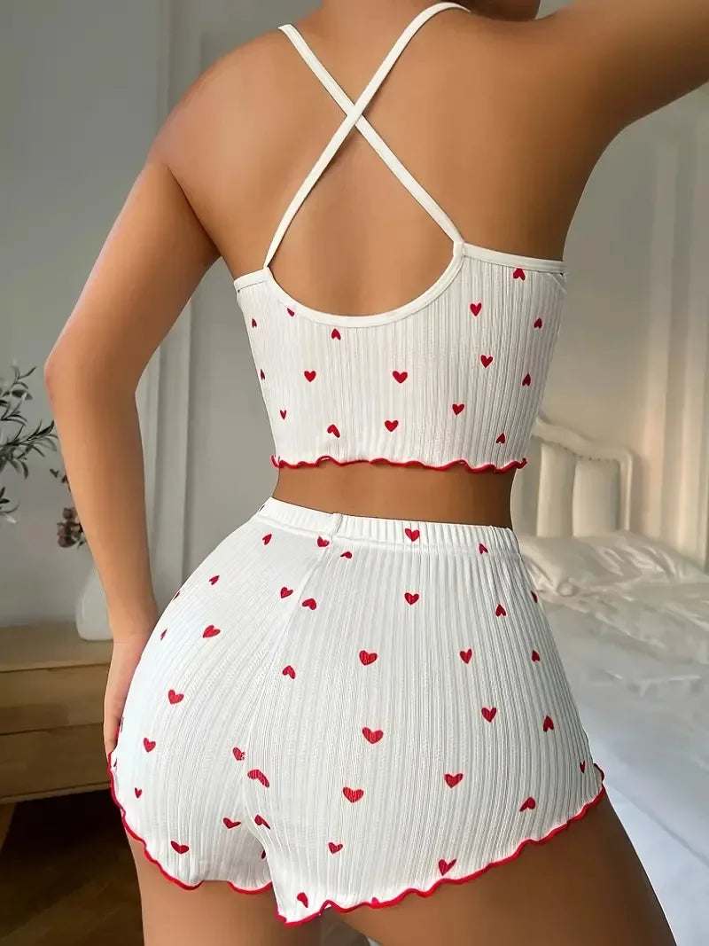 Heart Print Frill Trim Cami & Shorts Pajama Set — Cute Loungewear