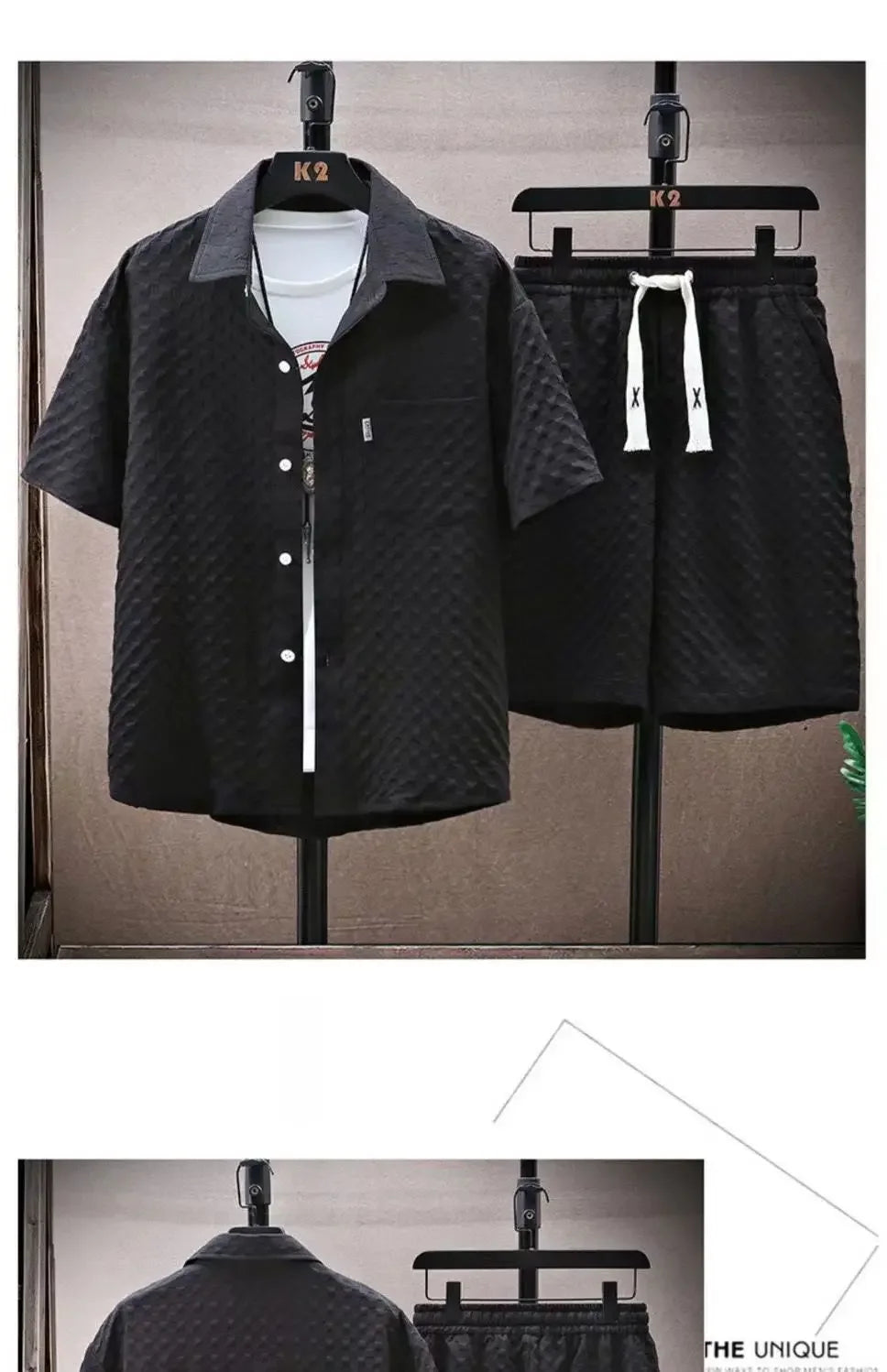 Men's Ice Silk Plaid Lapel Shirt & Shorts Set – Korean Luxury Casual Oversize 2-Piece