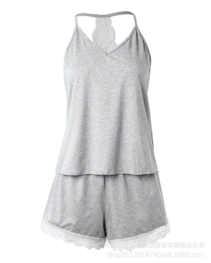 Solid Lace Backless Pajama Set — Sleeveless V-Neck 2-Piece Sleepwear