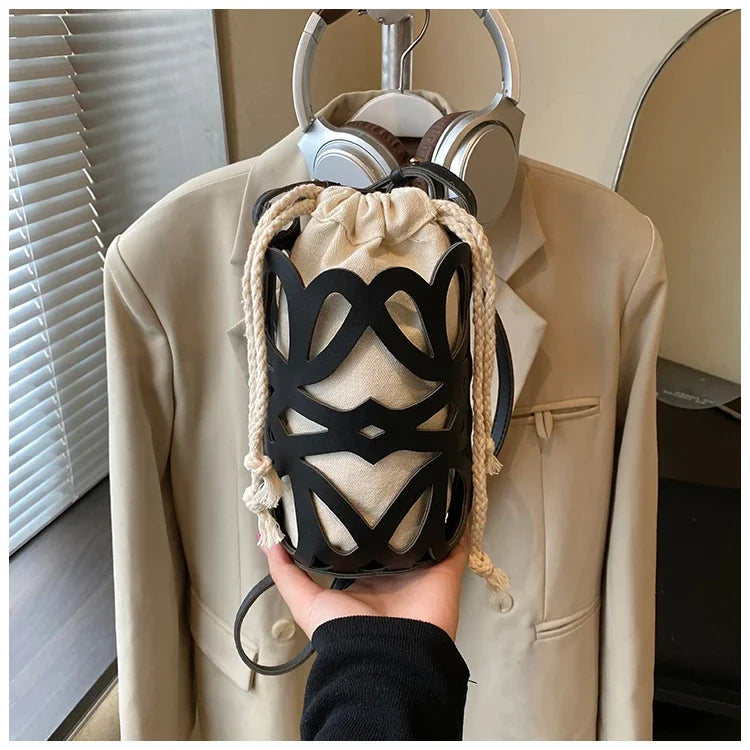 Brilliant Fish Hollow Out Drawstring Mini Bucket Crossbody Bag – Adjustable Strap Shoulder Bag for Women