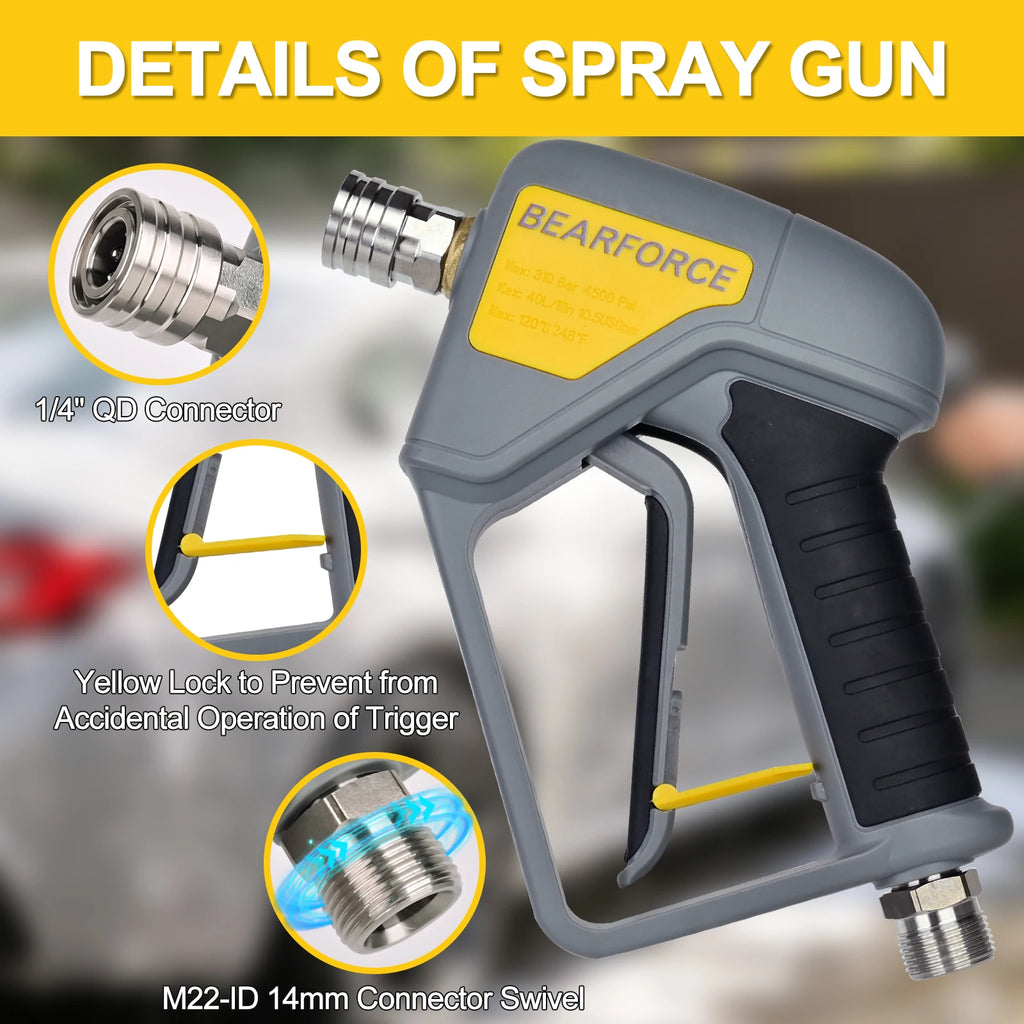 BEAR FORCE Pressure Washer Spray Water Gun — M22-14mm Inlet with Quick Connector for Nozzles, Wand & Foam Cannon