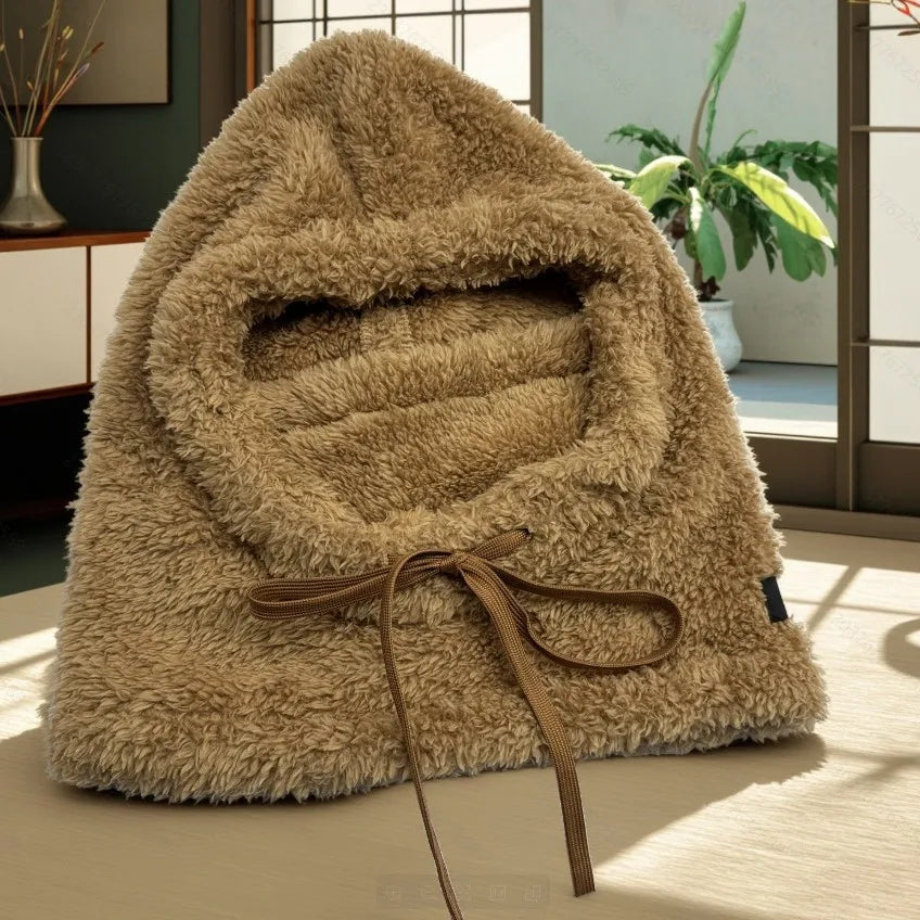 Plush Drawstring Balaclava Hood with Face and Neck Cover