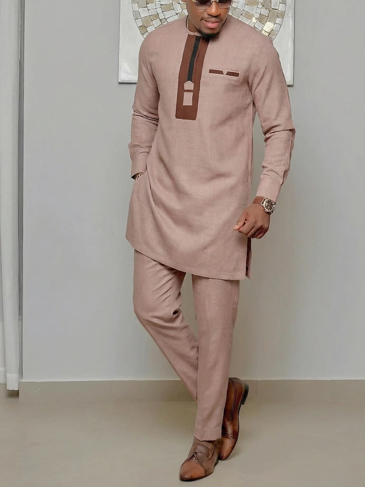 Men's African Kaunda Kaftan Long Sleeve Top & Pants 2-Piece Suit – Traditional Ethnic Wear