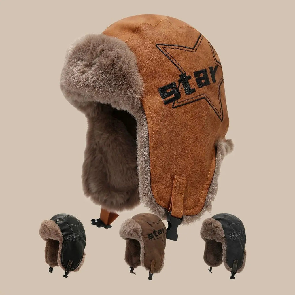 Faux Leather Trapper Hat with Plush Lining and Ear Flaps