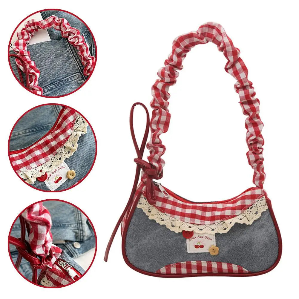 Y2K Checkered Lace Bowknot Shoulder Bag – Sweet Underarm Crossbody Bag for Women