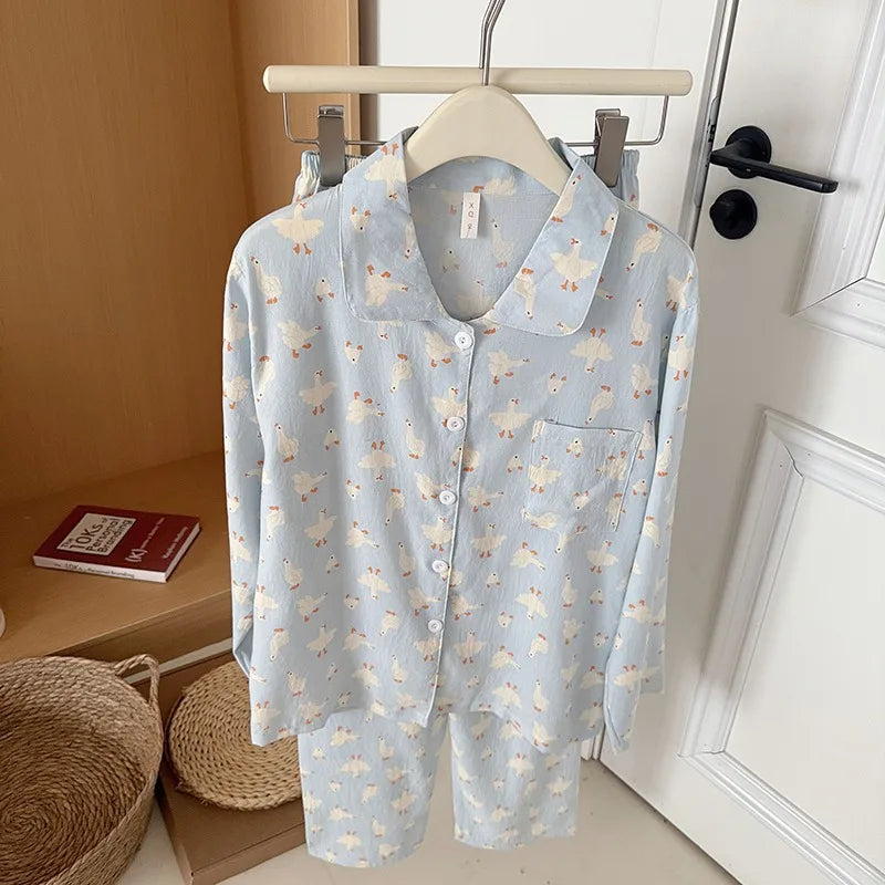 Women's Kawaii Goose Print Y2K Pajamas Set | Korean Fashion Lapel Neck Autumn Loungewear