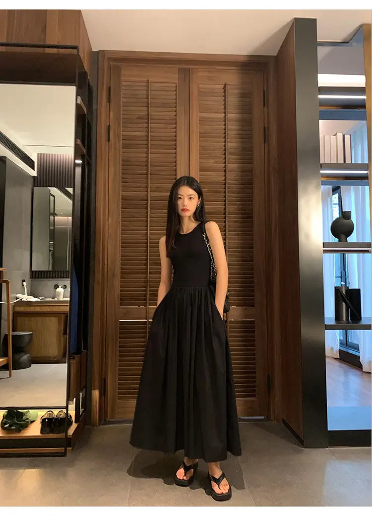 Women's Vintage Black Midi Dress – O-Neck Office Lady Casual Style with Pockets