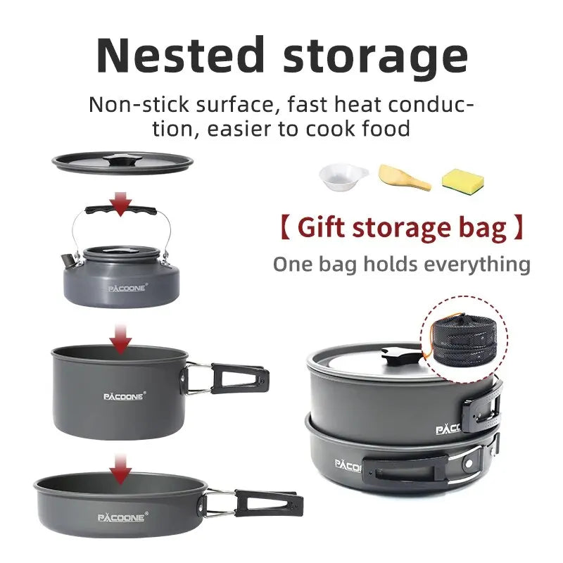 PACOONE Camping Cookware Set — Portable Outdoor Pot, Pan, Kettle & Tableware Kit