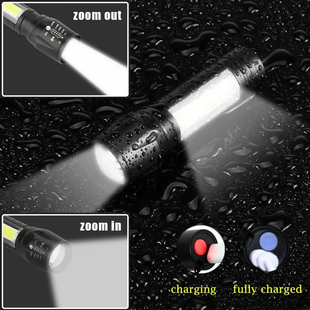 Mini COB+XPE LED Flashlight – USB Rechargeable, Zoomable, 3 Modes with Pocket Clip for Camping & EDC