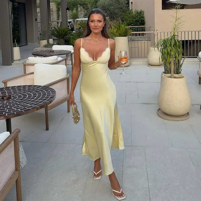 Butter Yellow Satin Bias Cut Lace Patchwork Midi Dress – V-Neck Backless Y2K Party Dress