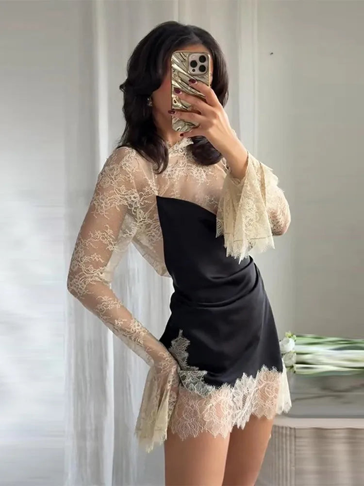Lace Trim Satin Mini Dress — High Neck Color Block Y2K Party Clubwear
