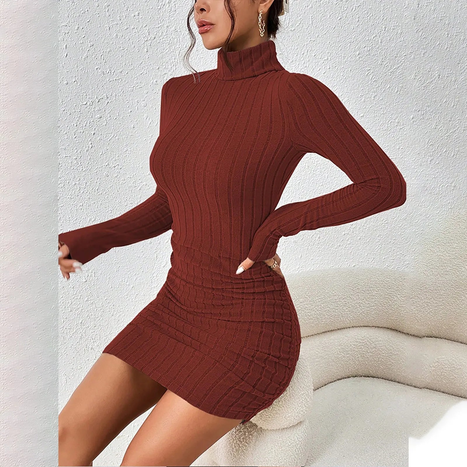 Knitted Turtleneck Bodycon Mini Dress — Slim Fit Party & Club Dress