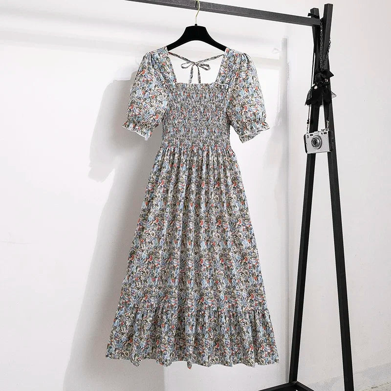 Chiffon A-Line Midi Dress — Elastic Waist Short Sleeve Casual Dress