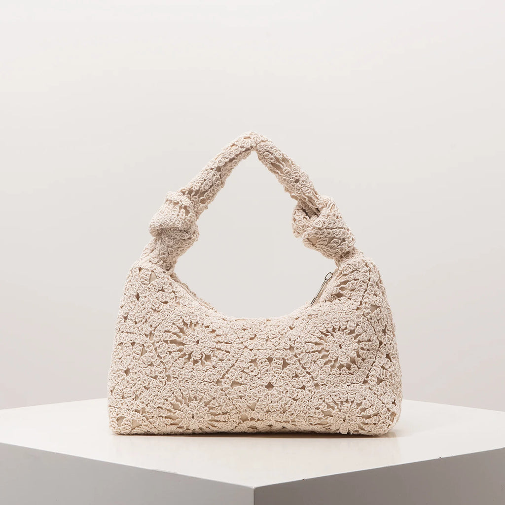 Boho Floral Half-Moon Beach Bag – Hollow-Out Polyester Shoulder Bag for Women