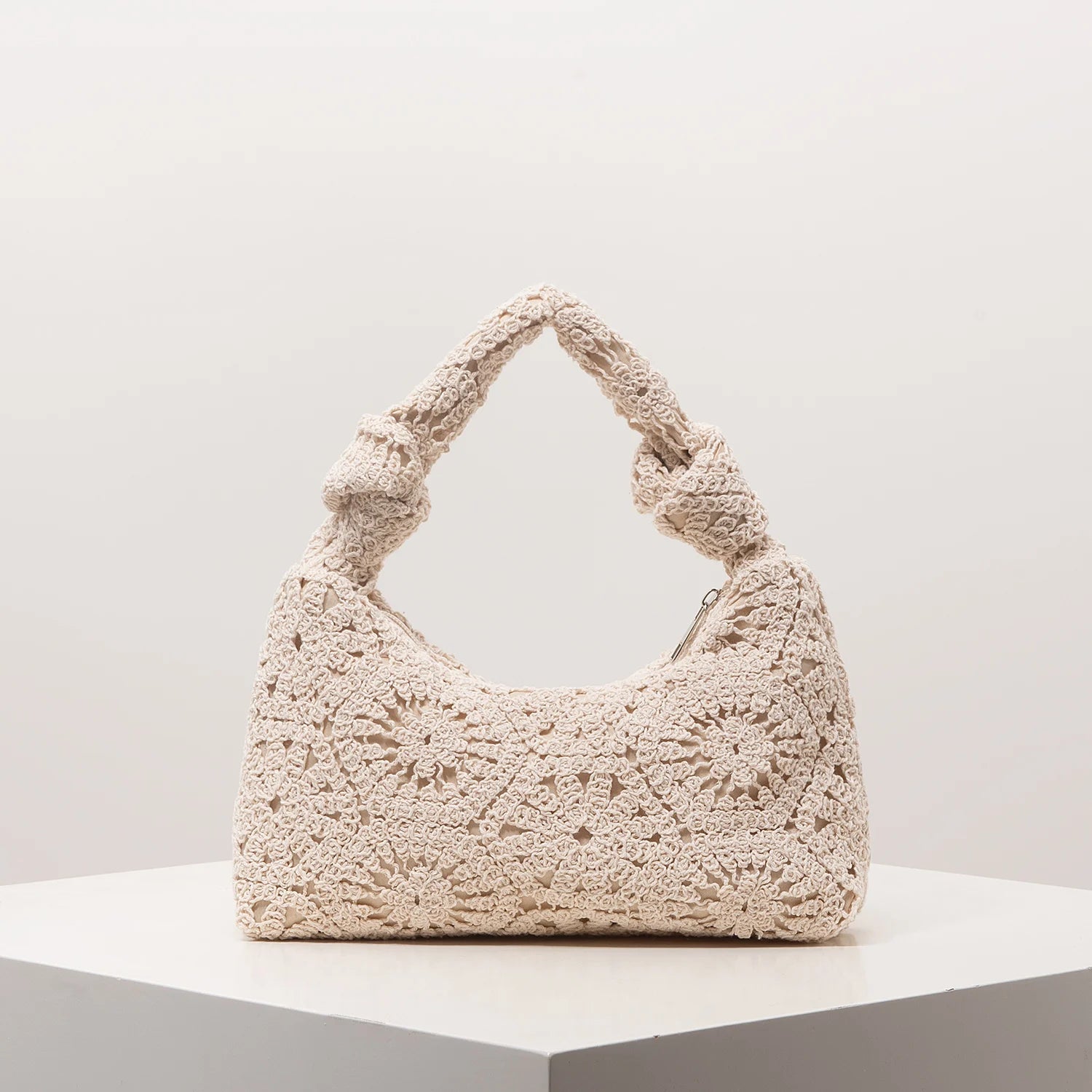 Boho Floral Half-Moon Beach Bag – Hollow-Out Polyester Shoulder Bag for Women