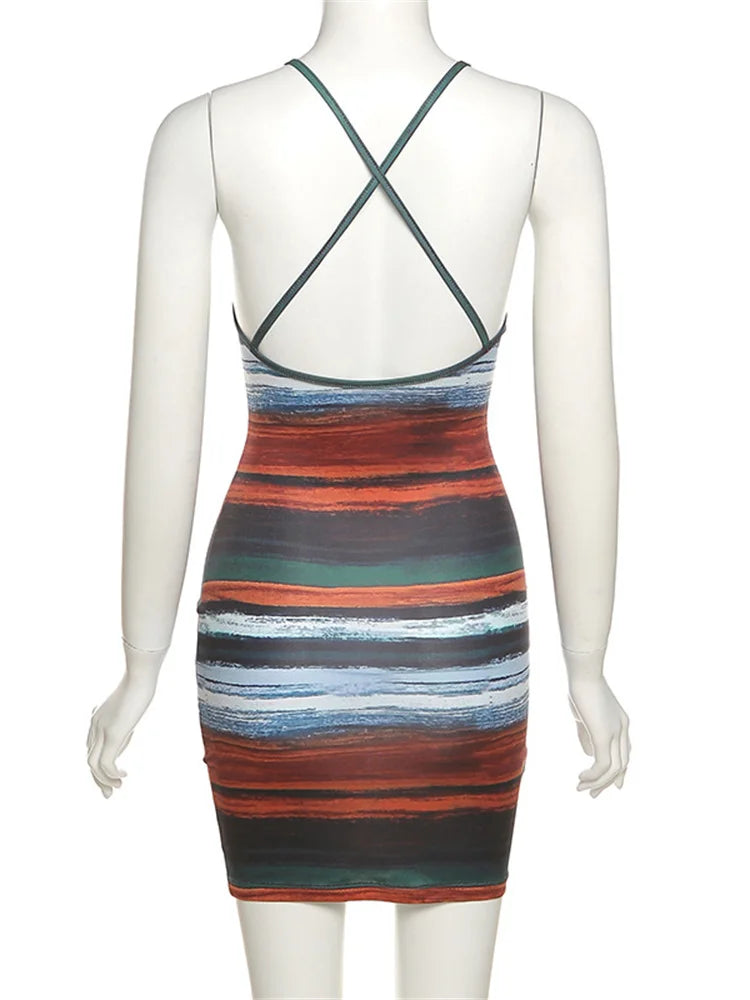 Striped Backless Camisole Mini Dress — Sexy Slash Neck Clubwear