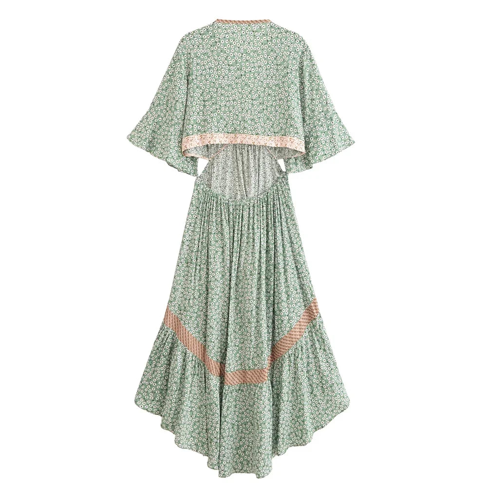 Bohemian Hollow Out Beach Dress — Short Sleeve High-Low Boho Maxi Dress
