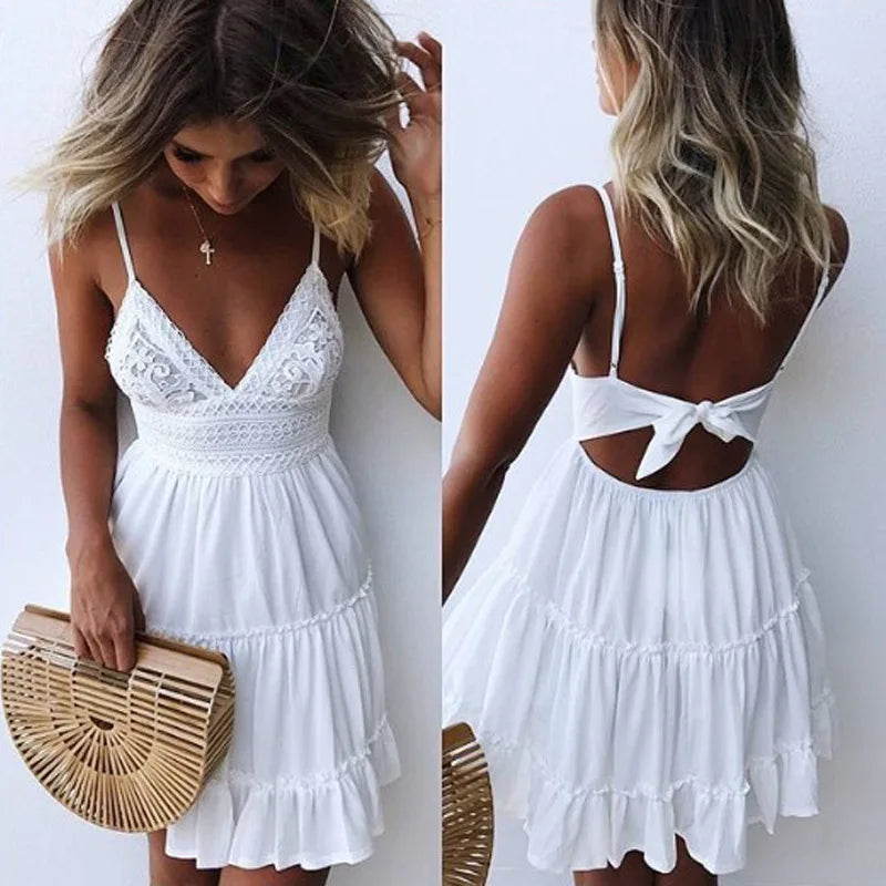 Women's Lace Strap Solid Color Dress – Sexy Elegant Splicing Seaside Vacation Wear