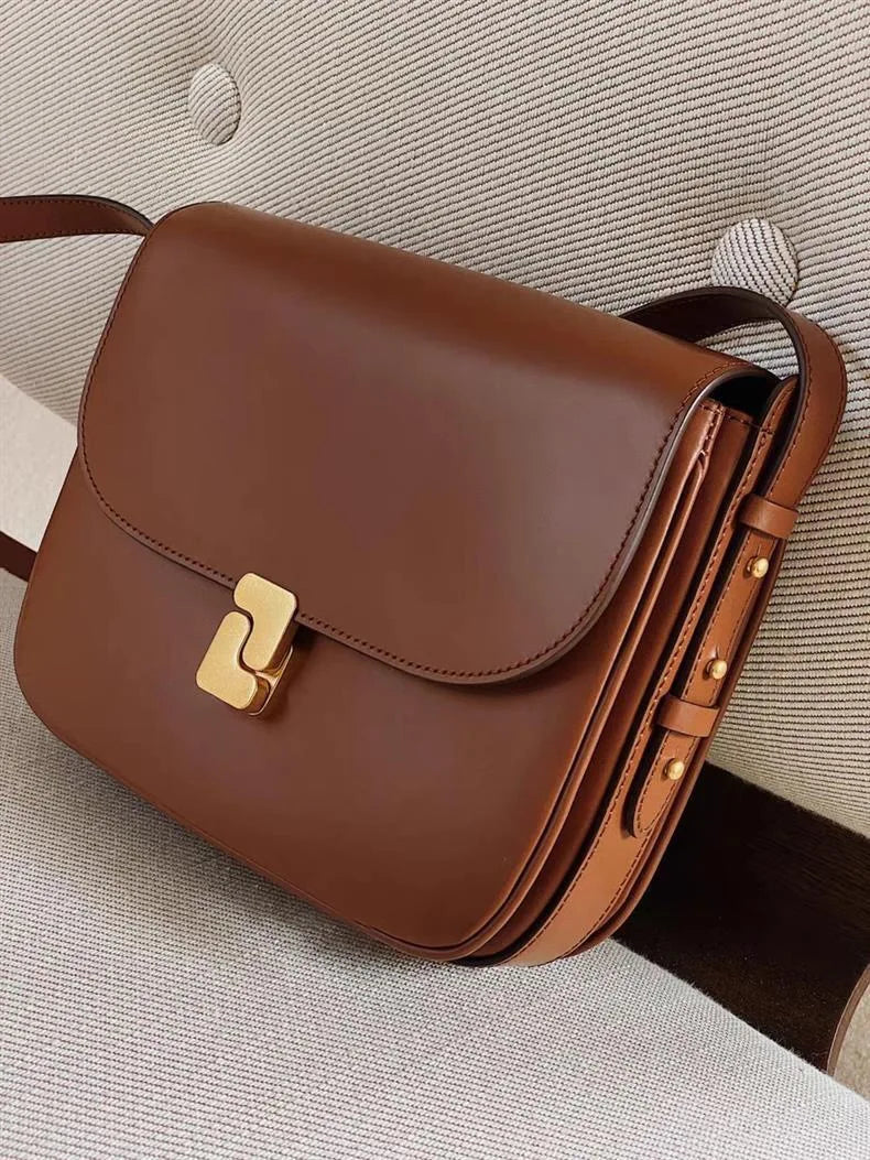 French Niche Top-Grain Genuine Leather Small Square Shoulder Bag – Luxury Crossbody Satchel for Women