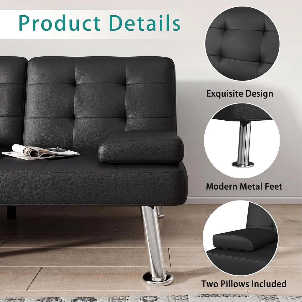 Black Futon Sofa Bed with Cup Holders & Adjustable Back