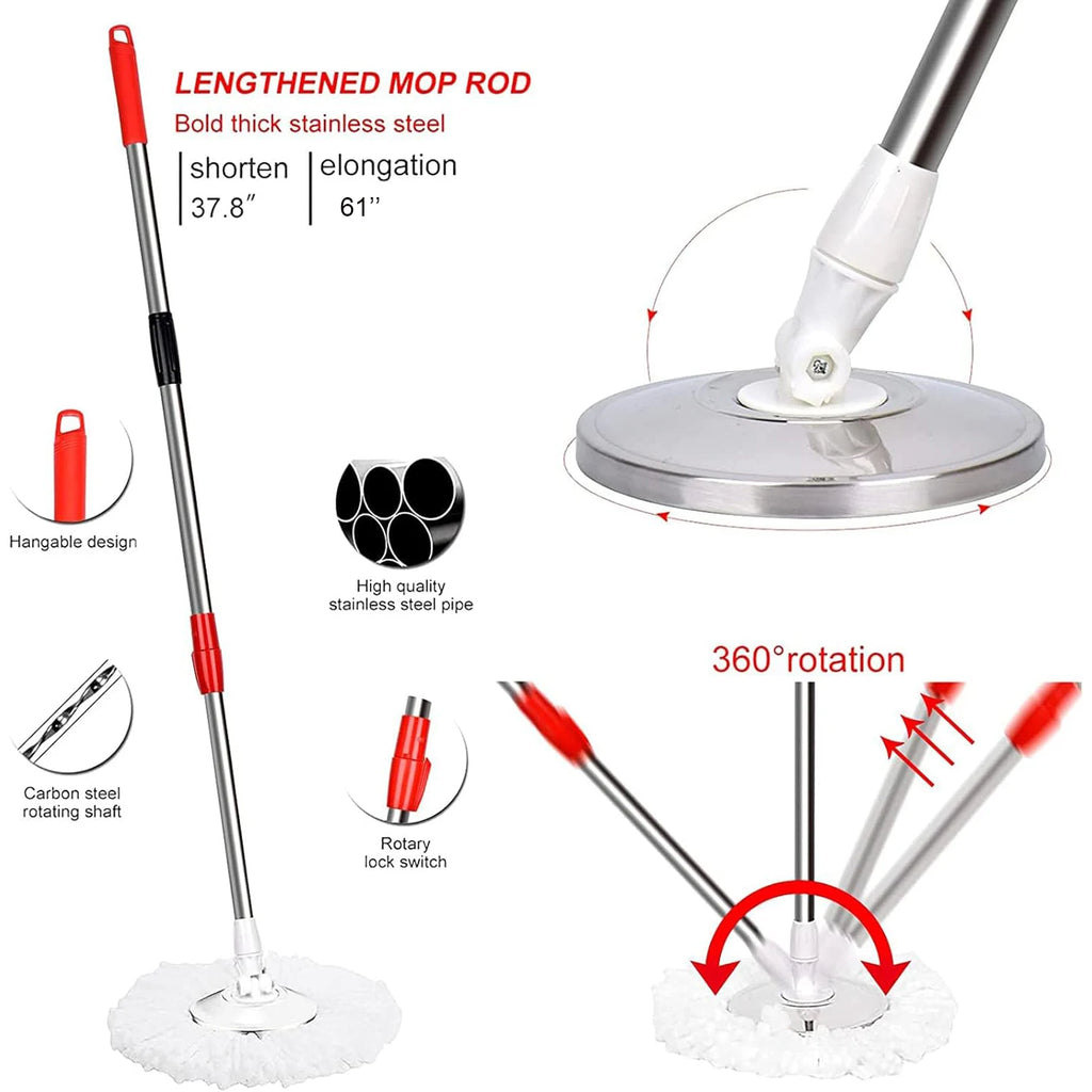 360° Spin Mop & Bucket Set — 3 Microfiber Heads, Stainless Steel Basket, 61" Adjustable Handle