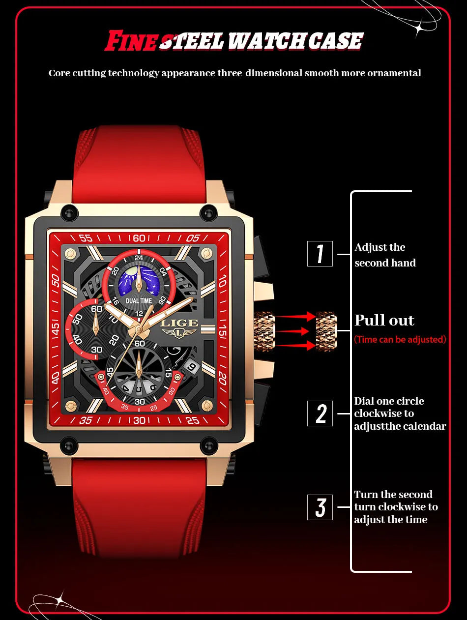 LIGE Men's Hollow Square Sport Watch | Fashion Silicone Strap Waterproof Quartz Wristwatch with Box