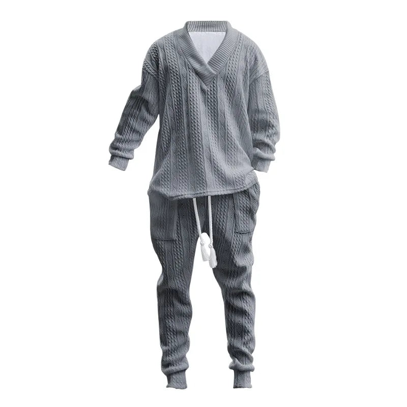 Men's Jacquard Knit Sweater & Casual Trousers Two-Piece Set