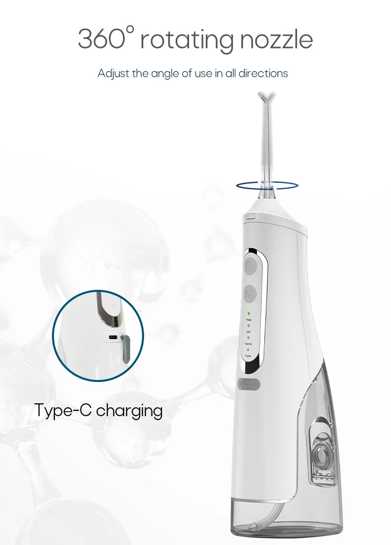Portable Oral Irrigator – USB Rechargeable, 310ml Tank, 4 Pressure Modes, IPX7, 4 Nozzles