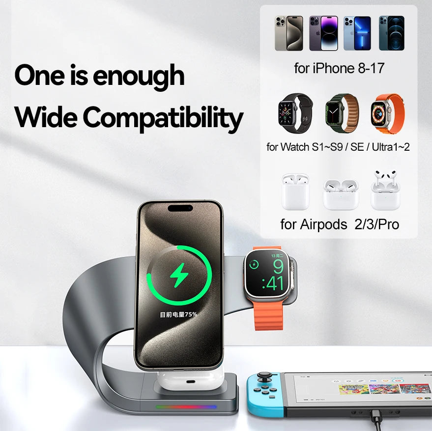 4-in-1 Metal Magnetic Wireless Charging Station 15W – iPhone 12–17, Apple Watch & AirPods