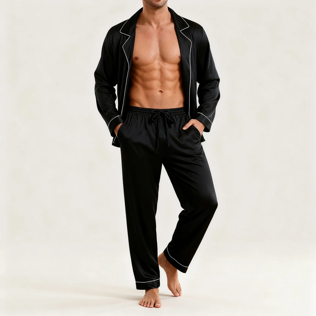 Men's Luxury Contrast Trim Pajama Set — Long Sleeve Top & Pants