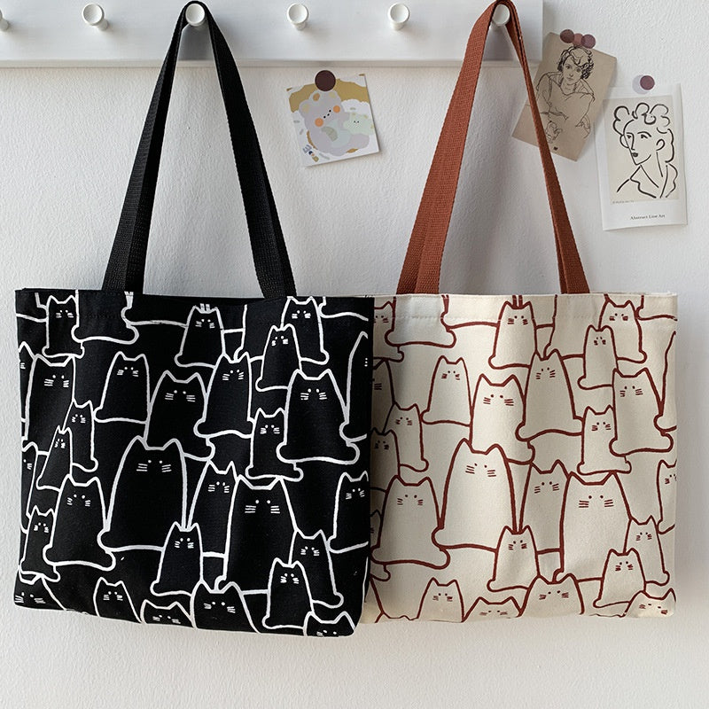 Cute Cat Canvas Tote Bag – Japanese Style Cartoon Shoulder Bag with Zipper for Women