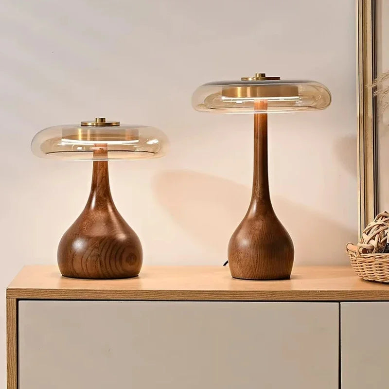 Retro Glass Table Lamp – Sculpted Wood-Look Base