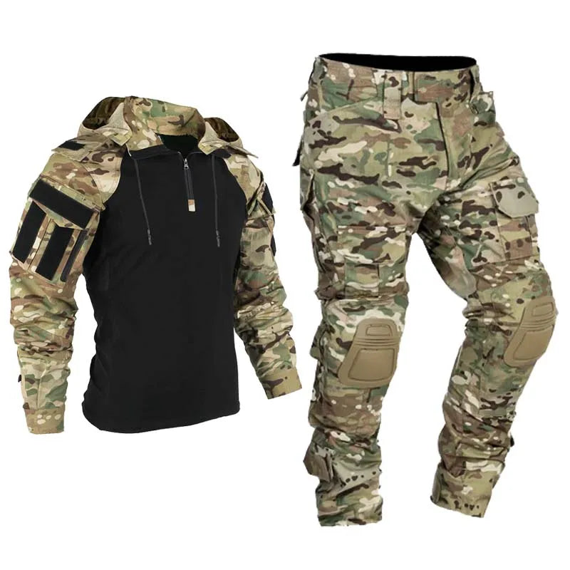 Men's Tactical Combat Suit – Camo Hooded Shirt & Cargo Pants with Pads