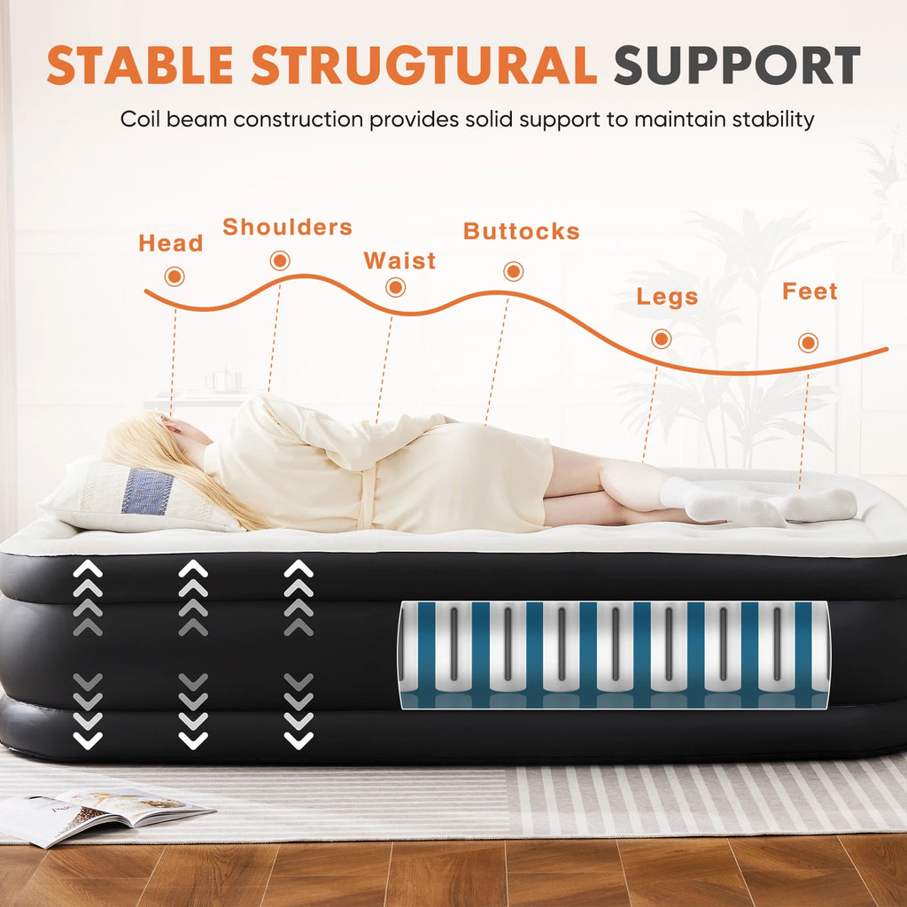 JHK Double-Height Air Mattress – 660 lbs Capacity, Non-Slip Bottom, Queen & Twin, Home & Camping