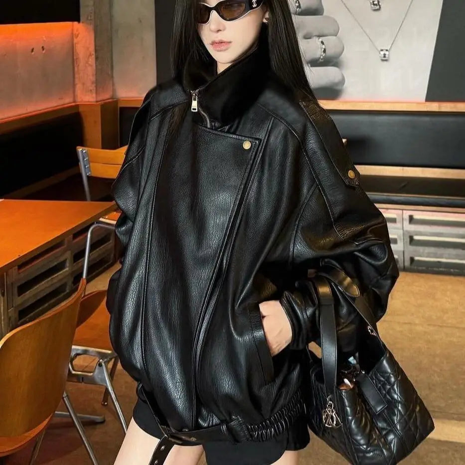 Women's Faux Leather Jacket – Loose Fit Zip Front