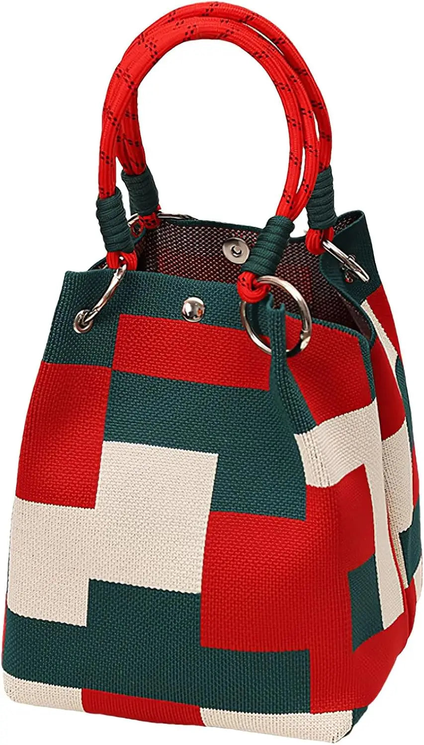 Mini Knitted Geometric Colorblock Bucket Bag – Detachable Handle Wristlet Purse for Women